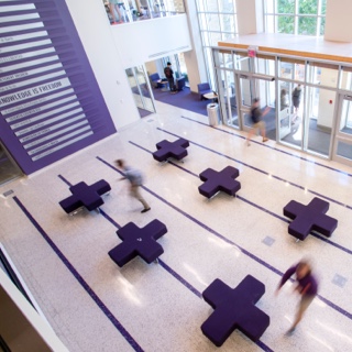 The lobby of TCU's Rees-Jones Hall features purple modular furnishings