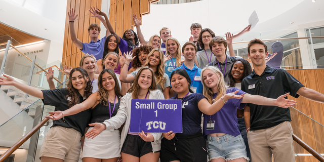 TCU orientation group gathers on a stairwell